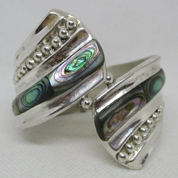 Wide ABALONE MEXICAN SILVER Clamper Mexican Cuff Bracelet Marked Alpaca Mexico - Picture 1 of 11